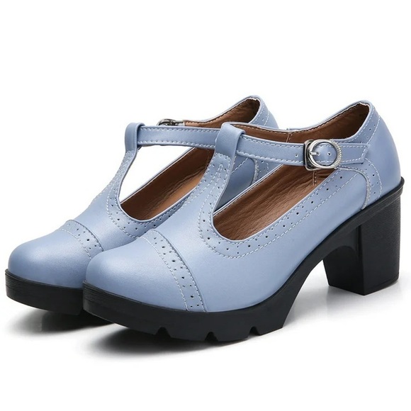 Women's Blue Leather Classic T-Strap Chunky Mid-Heel Mary Jane Dress Shoes - Picture 1 of 9